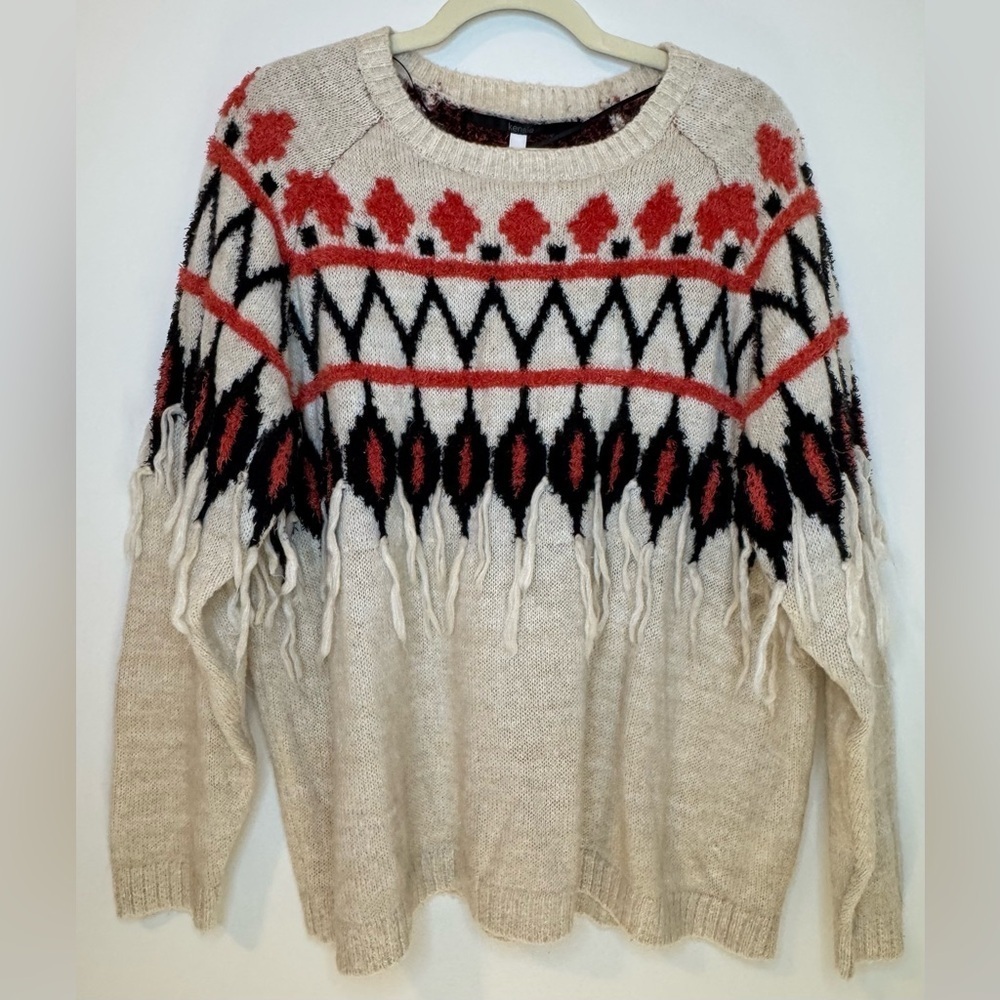 Kensie Dune Combo Beige Southwestern Fringe Chucky Sweater Women's Size XL